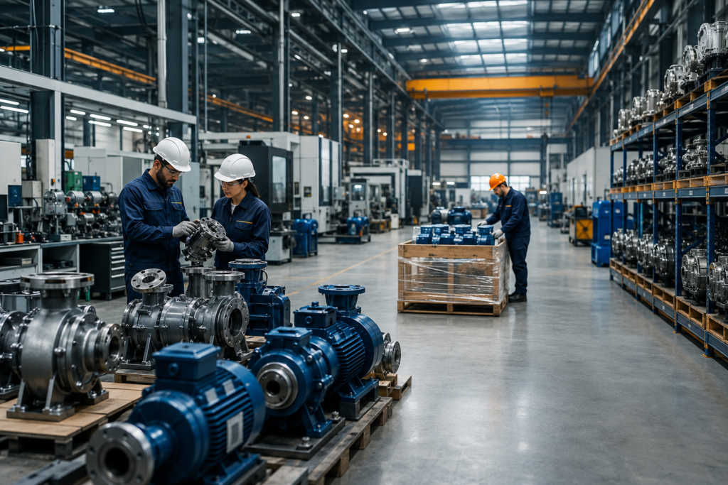 Become a Supplier Industrial engineers reviewing pump equipment in a manufacturing facility