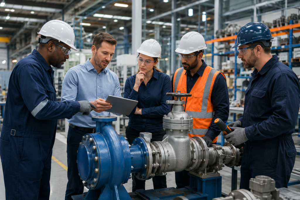Become a Supplier Industrial engineering team inspecting a pump and valve assembly in a manufacturing facility